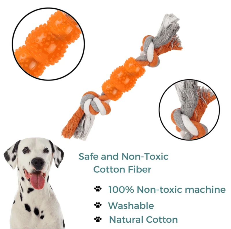 Basil Cotton Rope Rubber Chew Toy with Hard TPR Centre for Dogs — in use