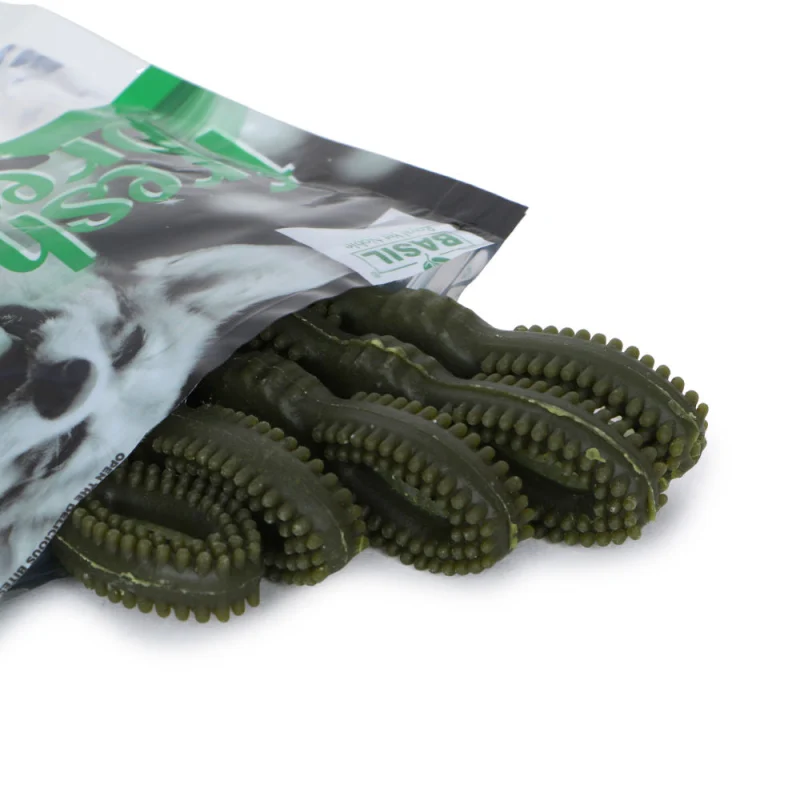 Basil Fresh Breath Chewy Bone Dog Treat — detail shot
