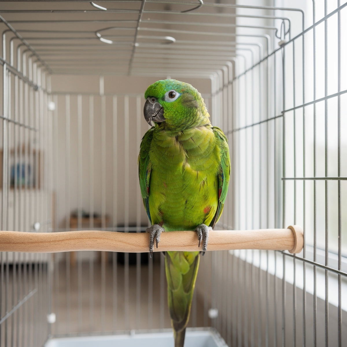 A green parrot perched inside a clean cage near a window