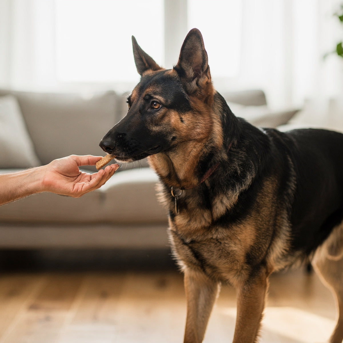 A black and tan German Shepherd taking a treat from a person's hand