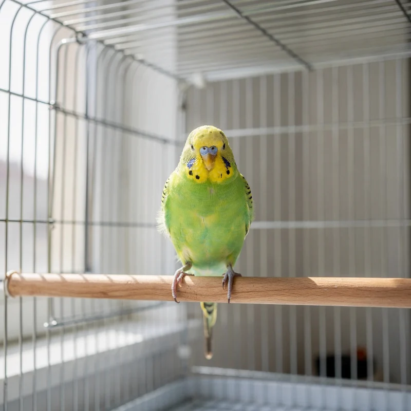 A budgerigar perched inside a clean cage near a window