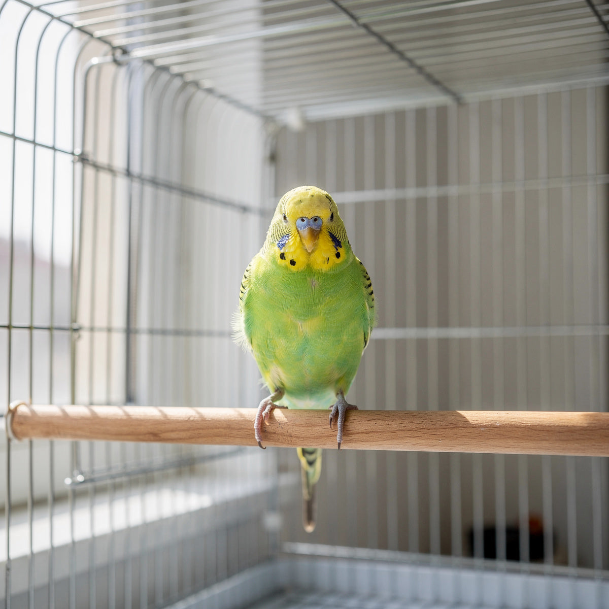 A budgerigar perched inside a clean cage near a window