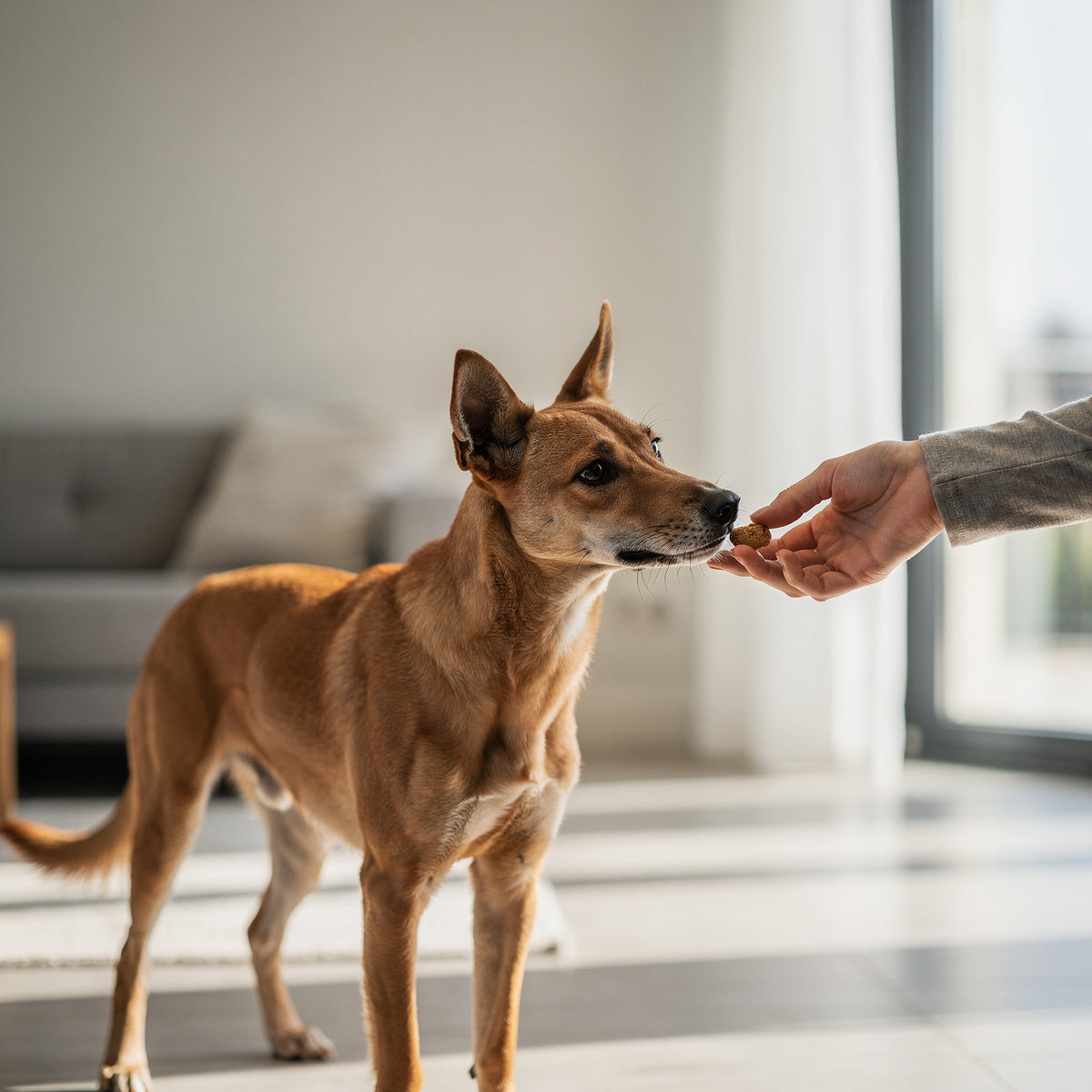 An Indie dog (Indian pariah dog) with a tan coat taking a treat from a person's hand