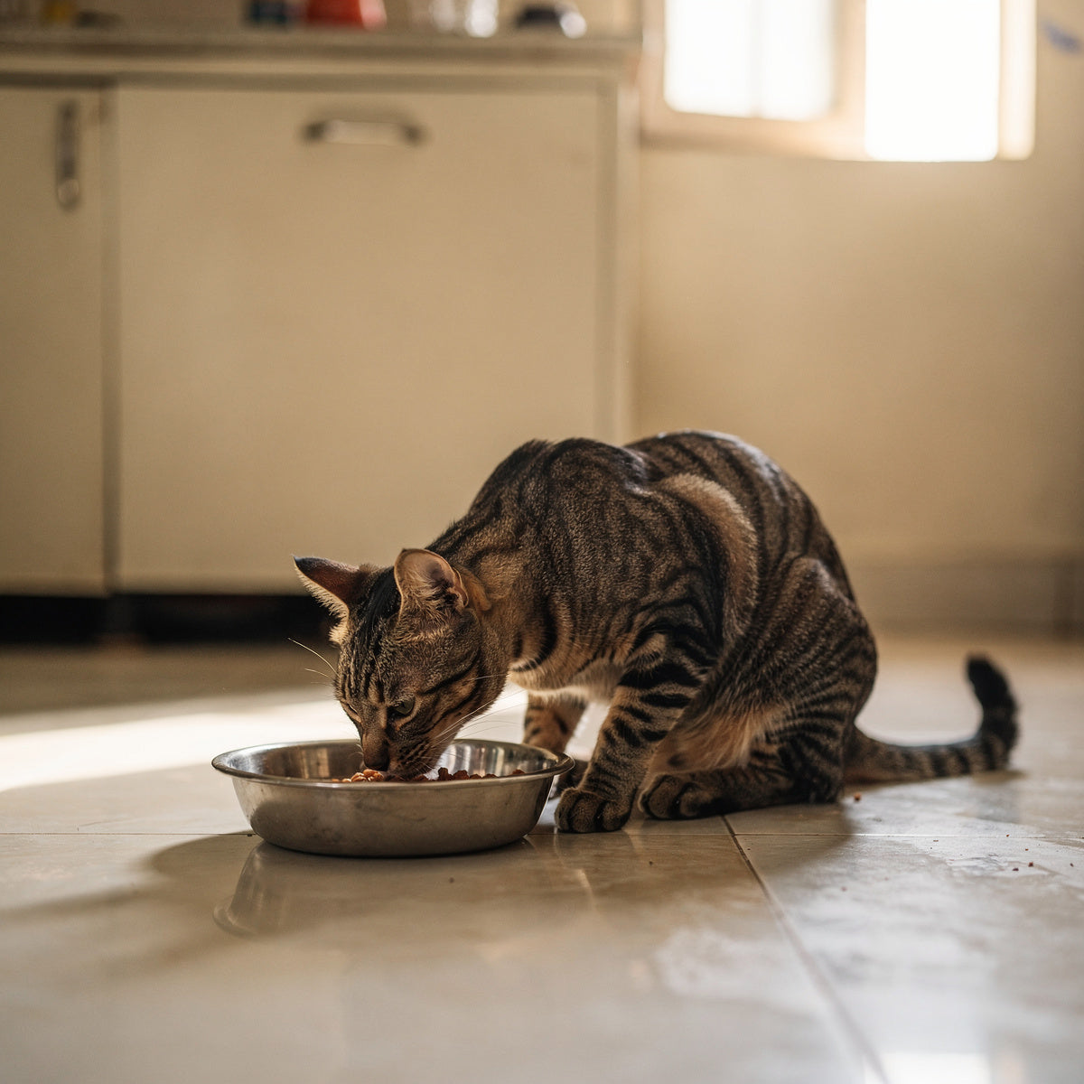 An Indian domestic short-haired tabby cat eating from a steel bowl in a kitchen