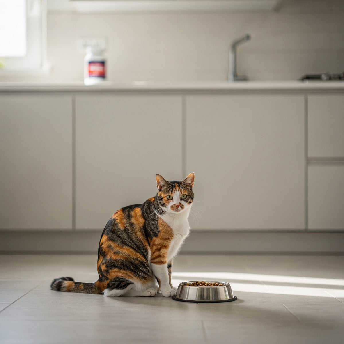 A calico cat beside its food bowl in a kitchen