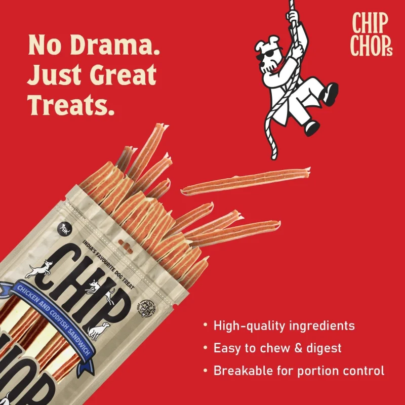 Chip Chops Chicken and Codfish Sandwich Dog Treats — in use