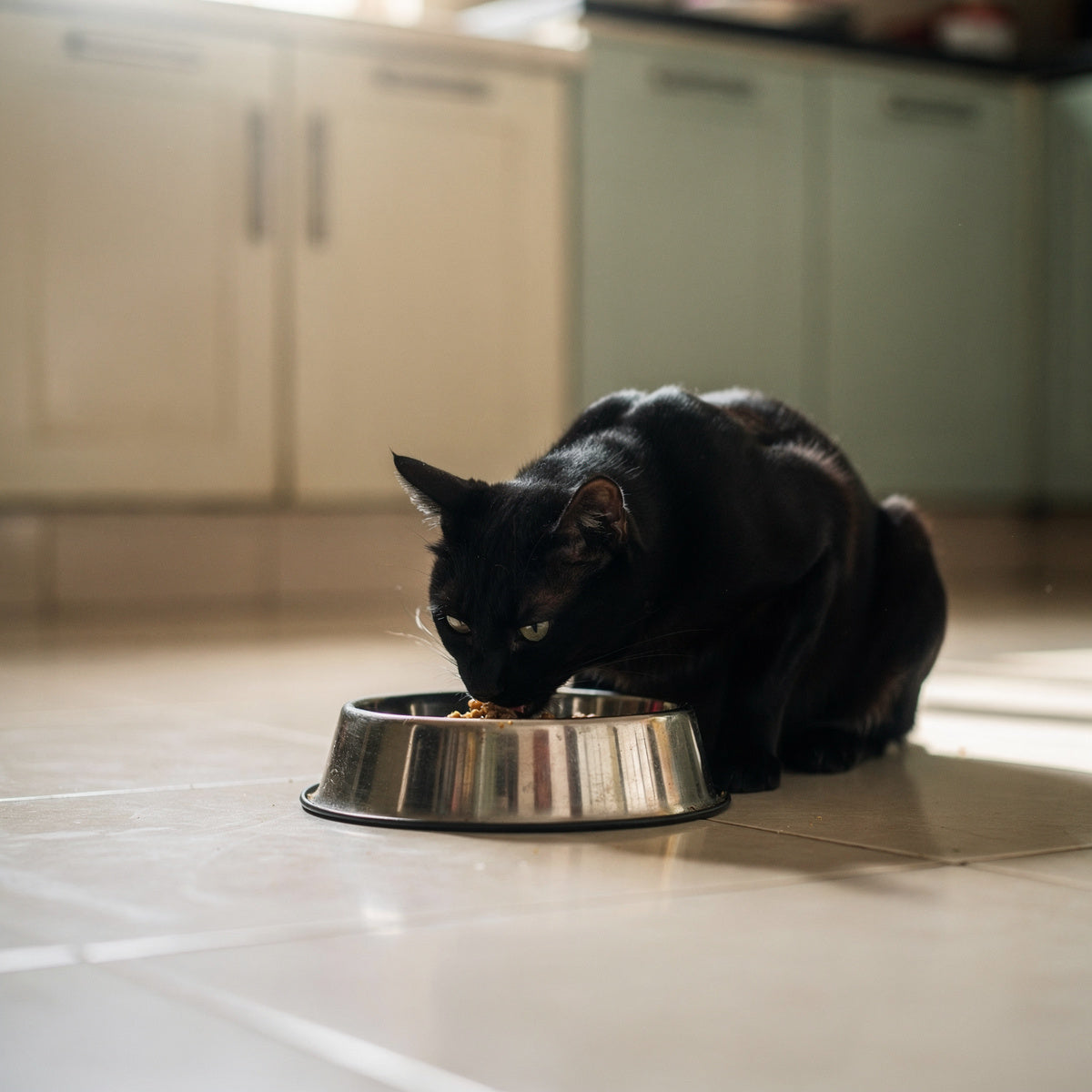 A black domestic short-haired cat eating from a steel bowl in a kitchen