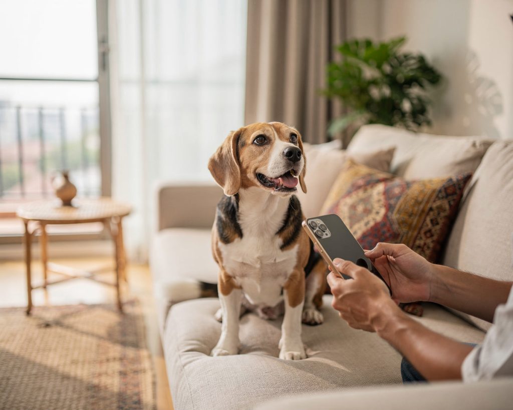 A happy beagle on a sofa in a bright living room beside a person holding a phone