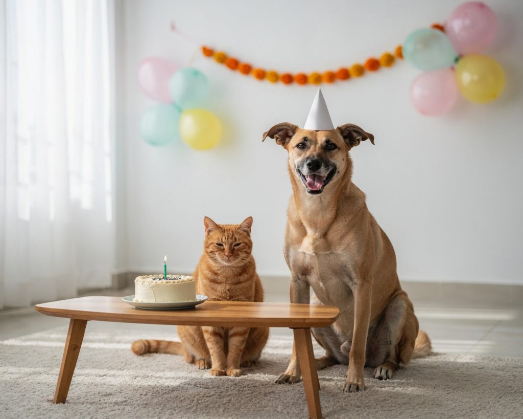 A happy dog in a party hat beside a cat and a small birthday cake at home
