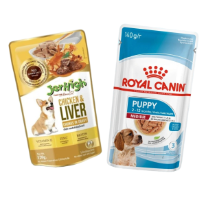 Dog wet food pouches and tins