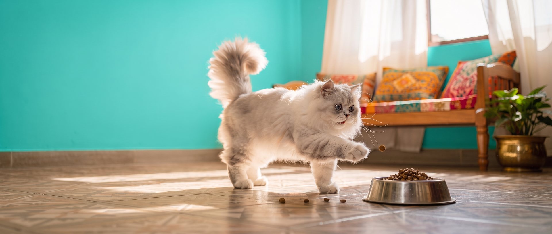 A playful fluffy cat batting a piece of kibble beside a steel bowl of dry cat food, in an Indian living room with a teal wall