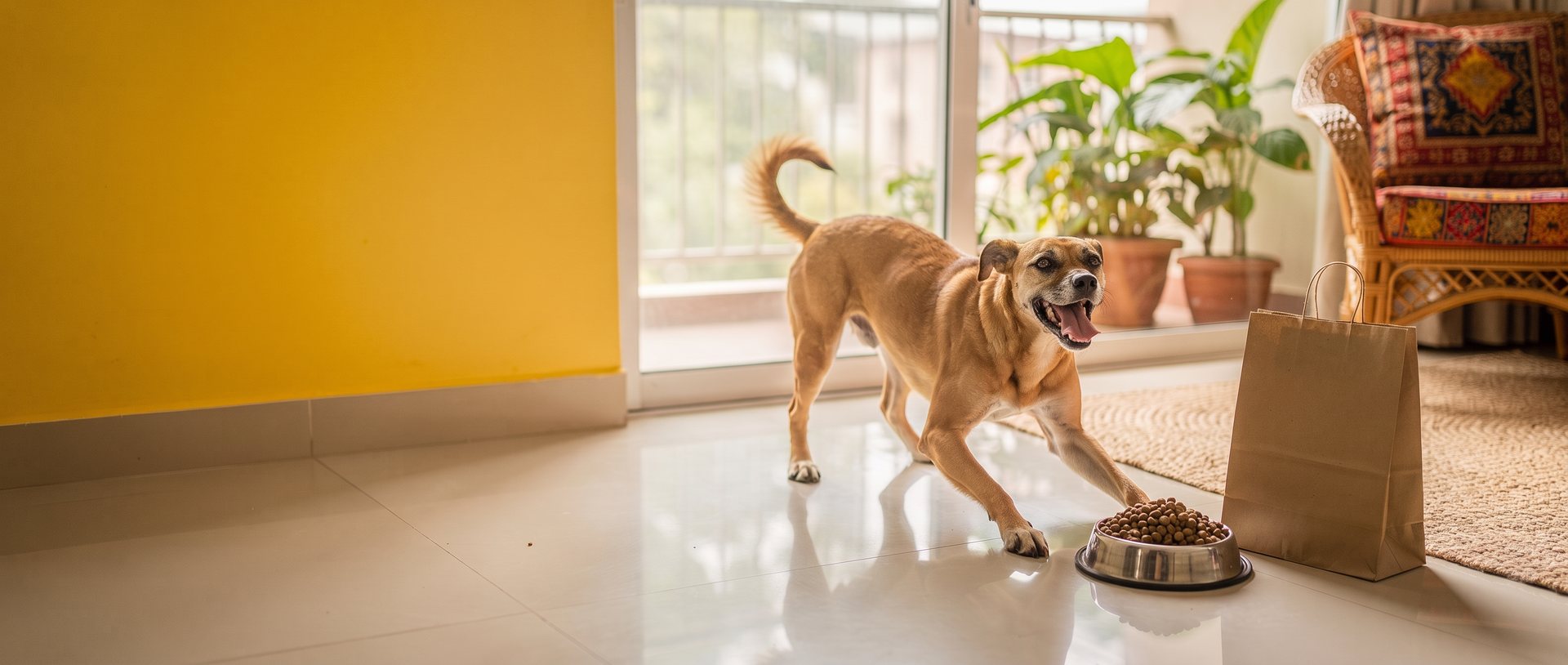 A happy Indian indie dog in a play bow beside a steel bowl of dry dog food and a delivery bag, in a Hyderabad apartment with a yellow wall