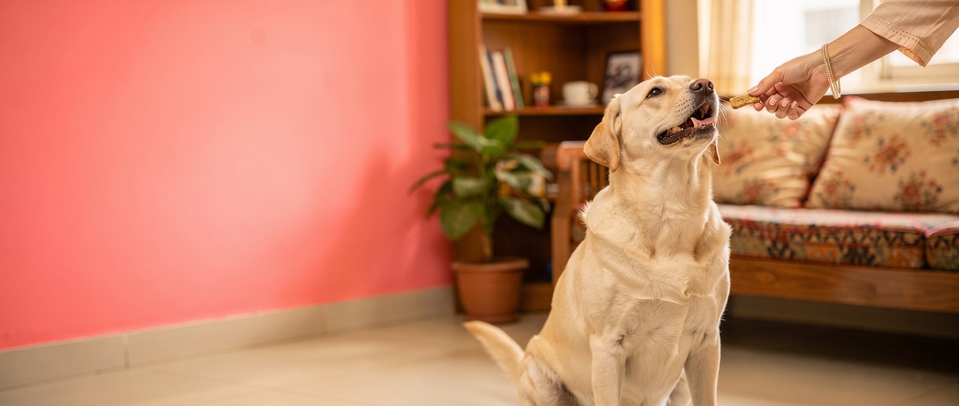 A happy Labrador taking a dog treat from a hand, in an Indian living room with a pink wall