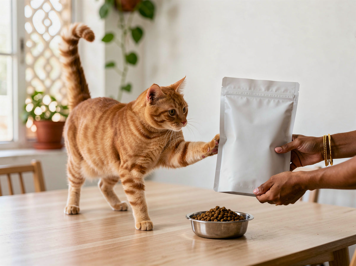 A playful ginger cat paws at a pet food pouch being checked by hand before opening