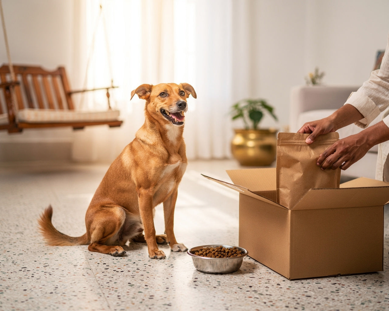 A happy dog watches a bag of dry dog food being lifted out of a delivery box at home