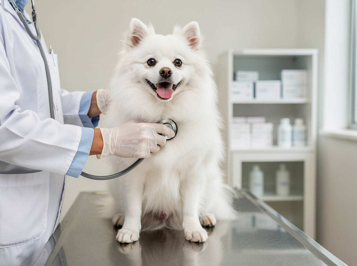 A cheerful white spitz dog on a clinic table while a vet listens to its chest