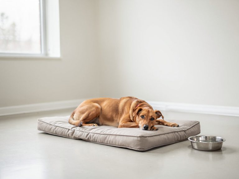 A dog resting on a bed in a boarding room