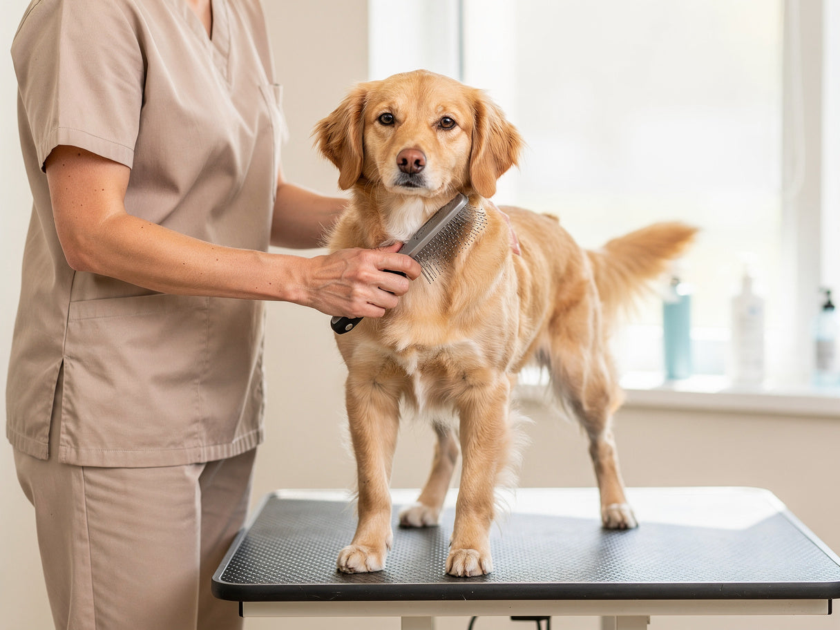 A dog being brushed on a grooming table