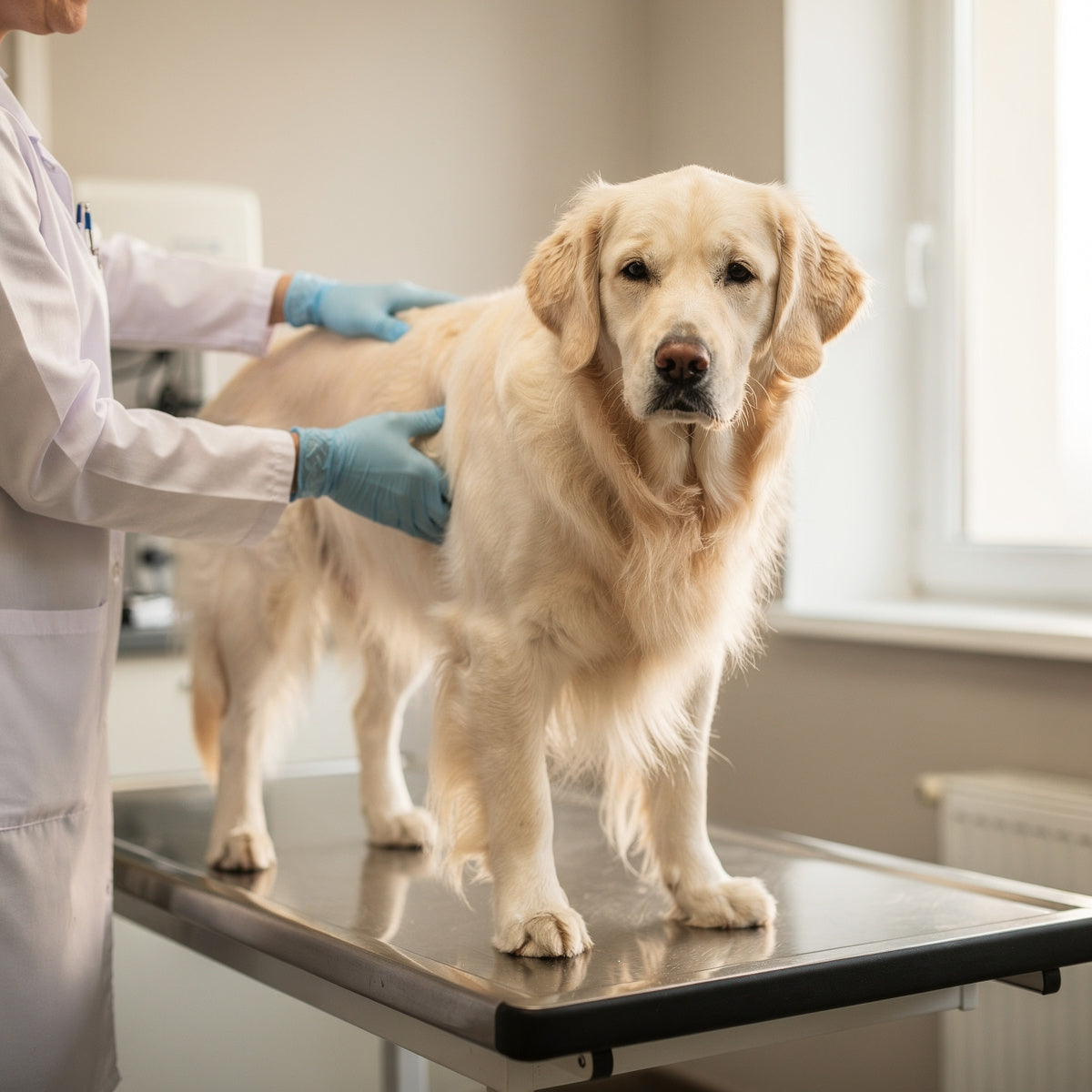 A cream Golden Retriever being examined by a vet on a clinic table