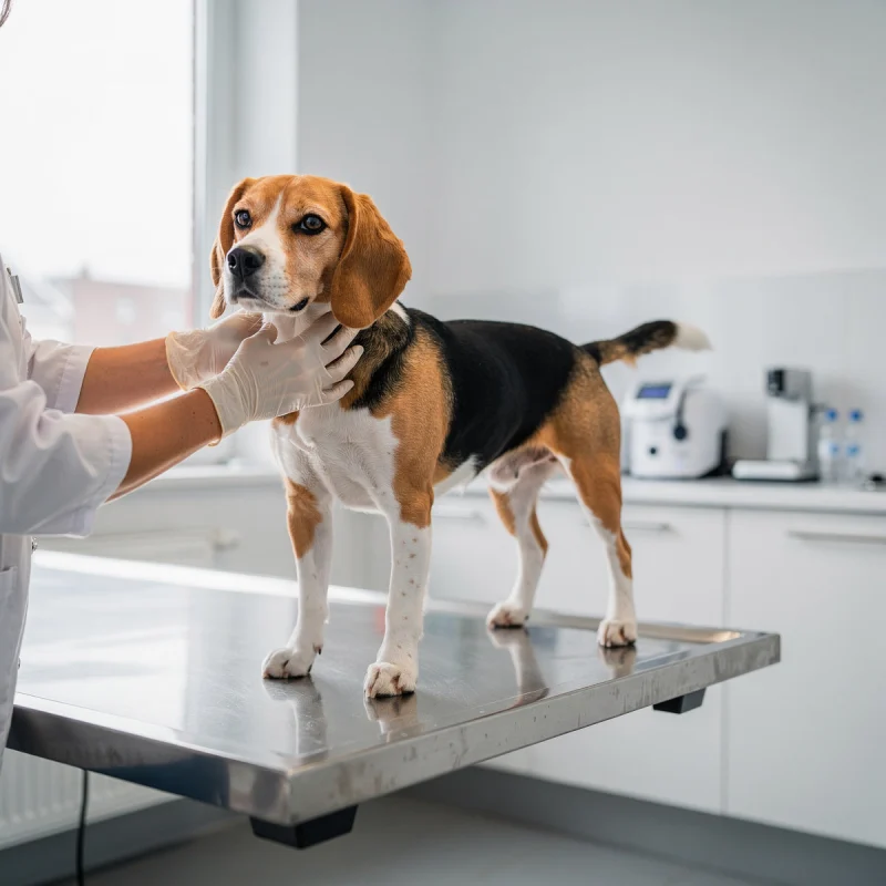 A tricolour Beagle being examined by a vet on a clinic table