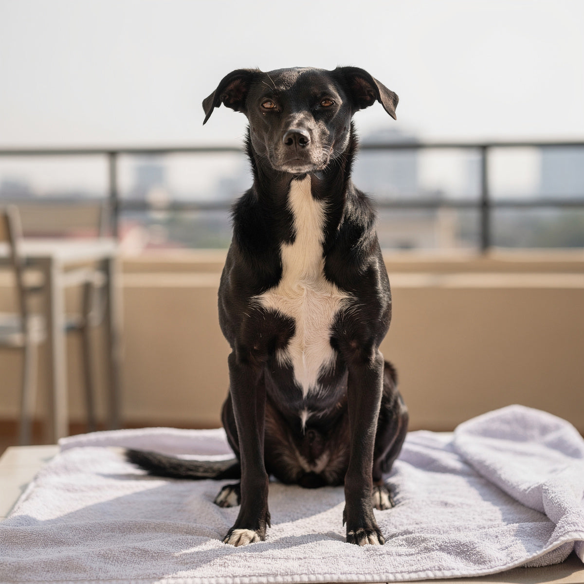 A black Indie dog with a white chest being brushed on a towel on a balcony