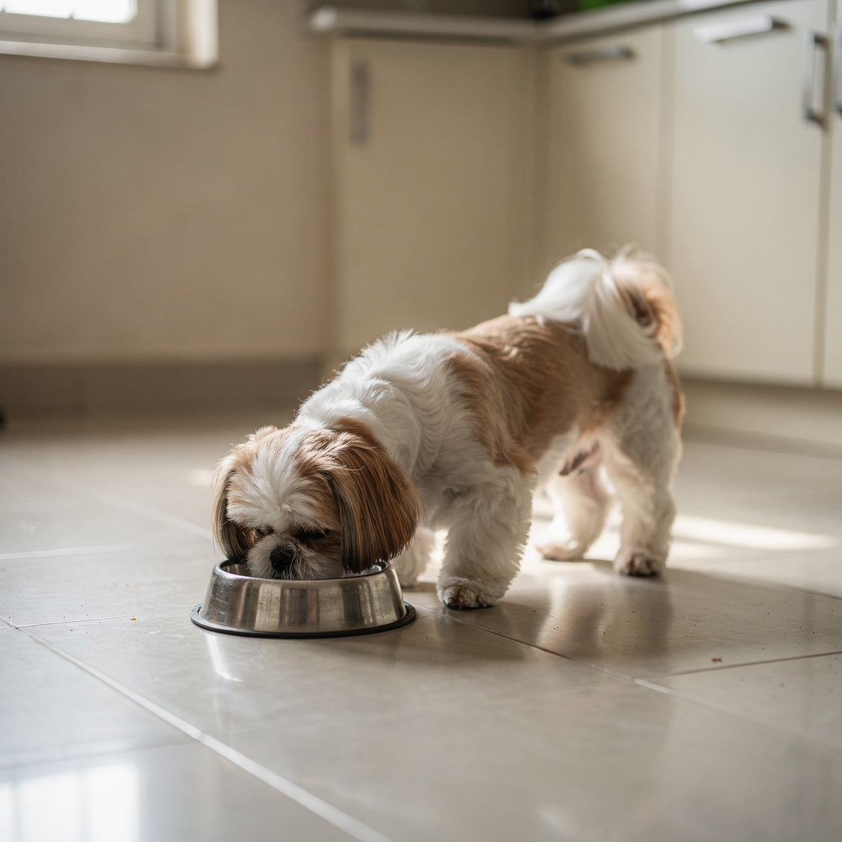 A Shih Tzu eating from a steel bowl in a kitchen