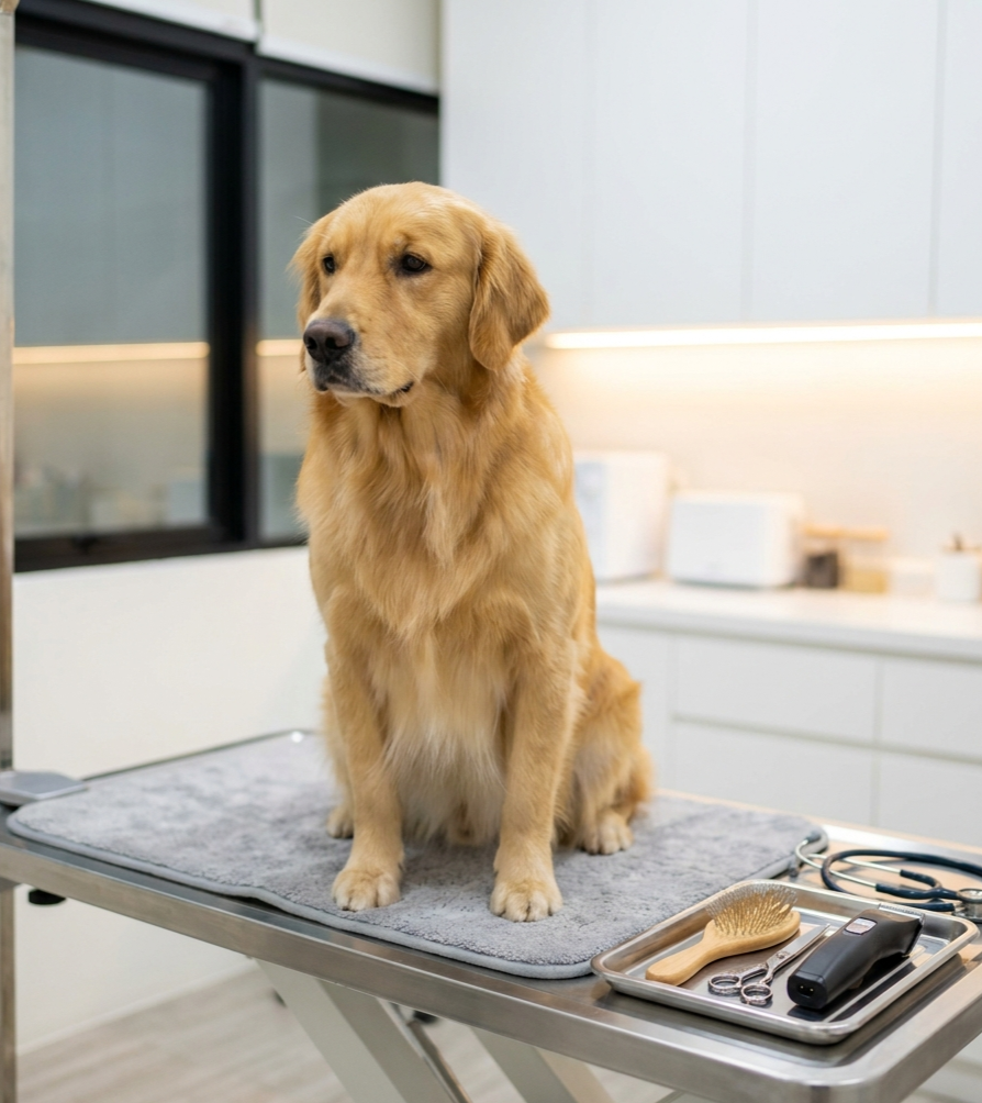 Golden retriever sitting on a grooming table beside a brush, scissors, a trimmer and a stethoscope