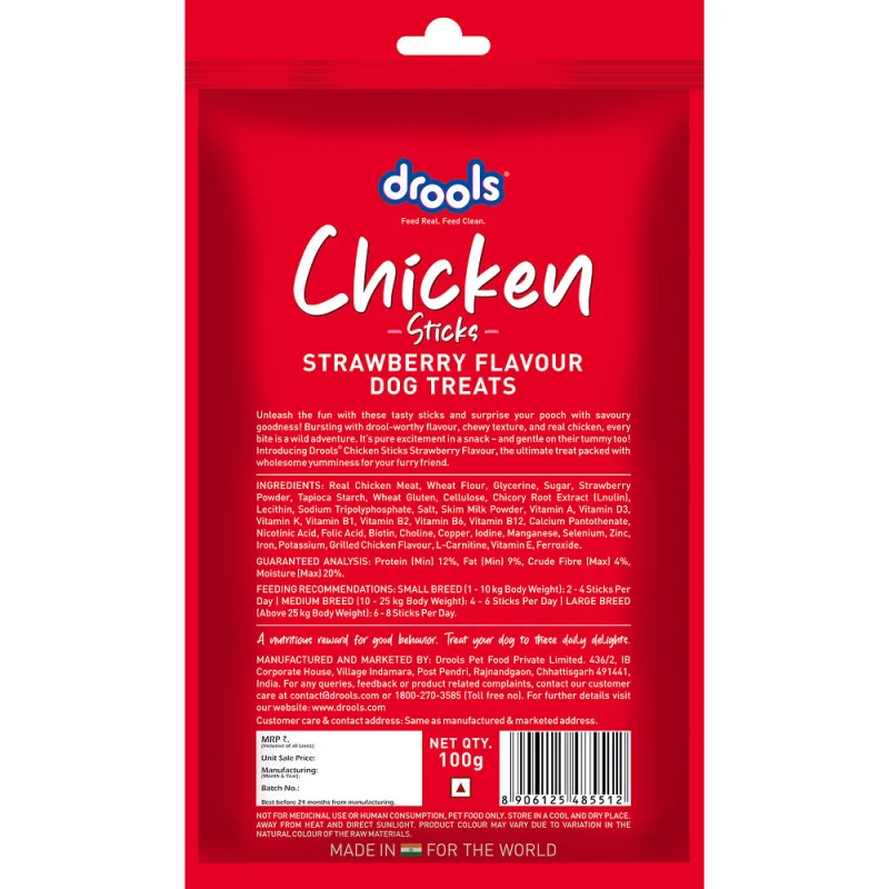 Drools Strawberry Flavour Chicken Sticks Treat for Dogs — side view
