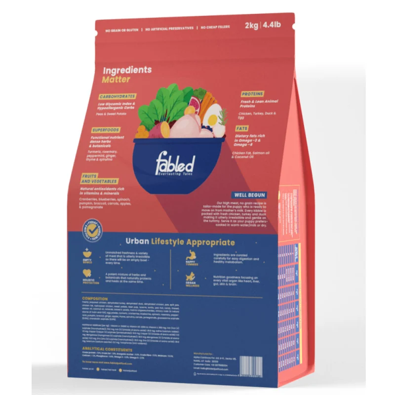 Fabled Well Begun Fresh Chicken Turkey and Duck Puppy Starter Dry Food — in use