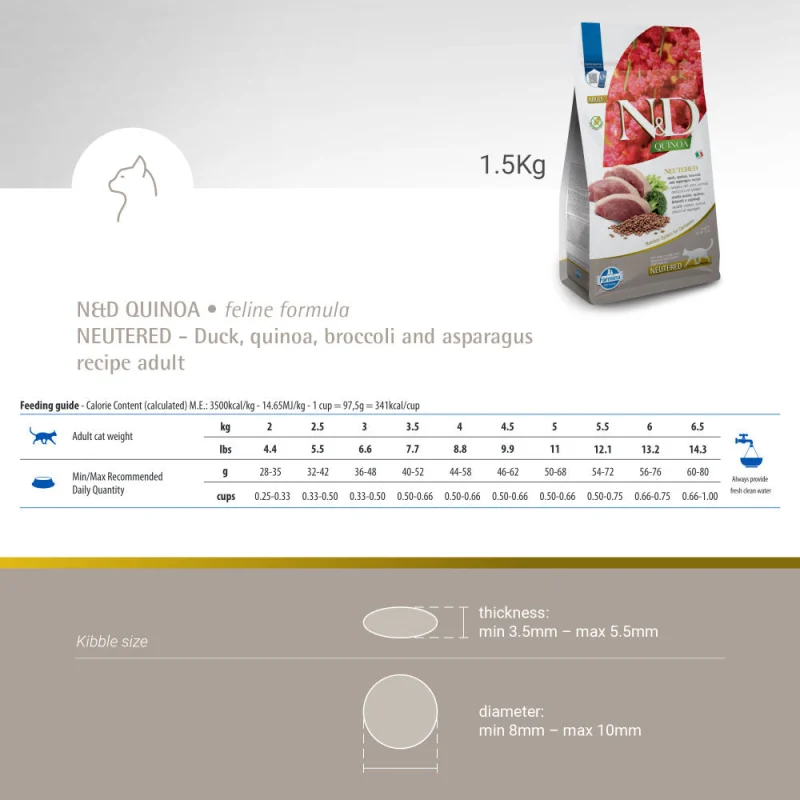 Farmina N&D Neutered Quinoa Duck, Broccoli & Asparagus Adult Cat Dry Food — side view