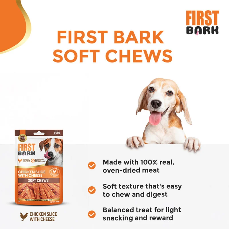First Bark Chicken Slice with Cheese Jerky Dog Treat — in use