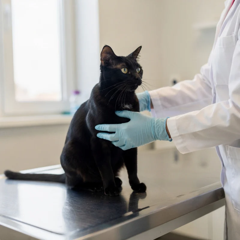 A black domestic short-haired cat being examined by a vet on a clinic table