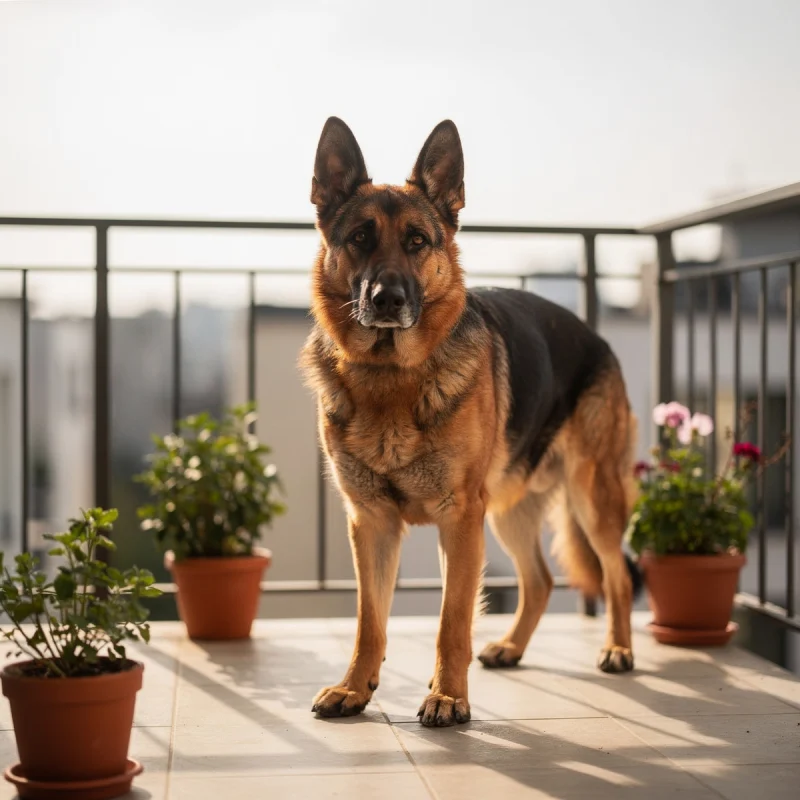 A German Shepherd standing on a sunlit balcony with potted plants