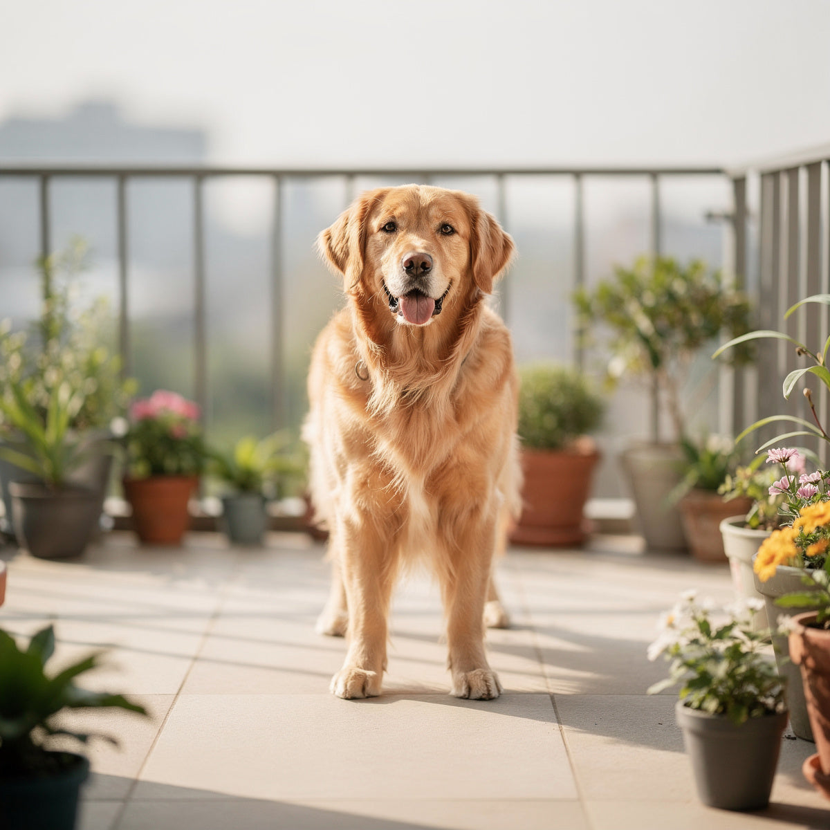 A Golden Retriever standing on a sunlit balcony with potted plants