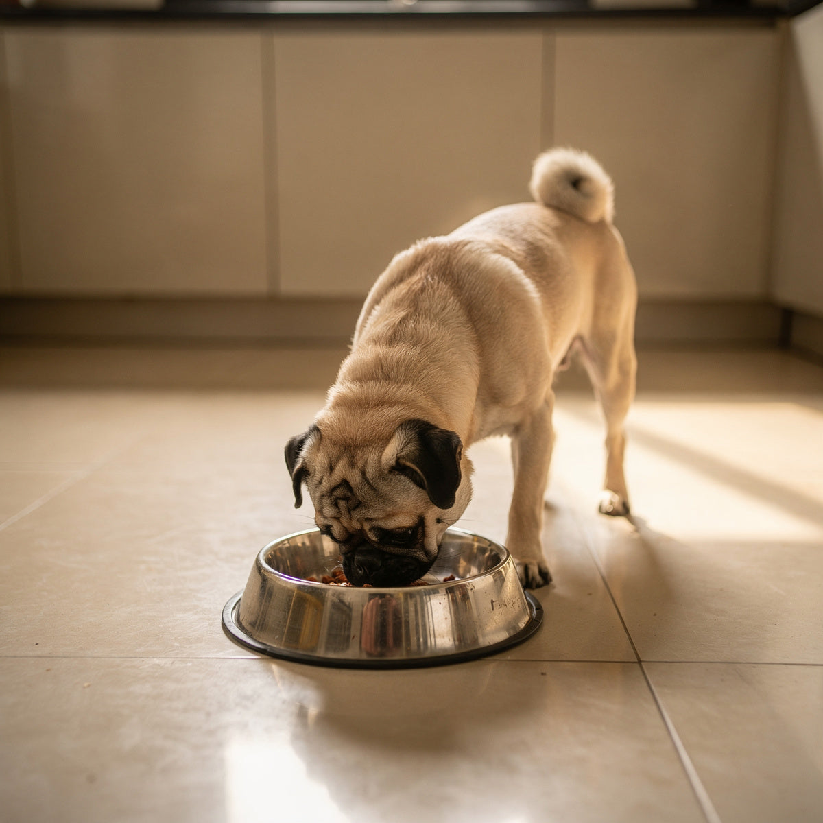 A fawn Pug eating from a steel bowl in a kitchen