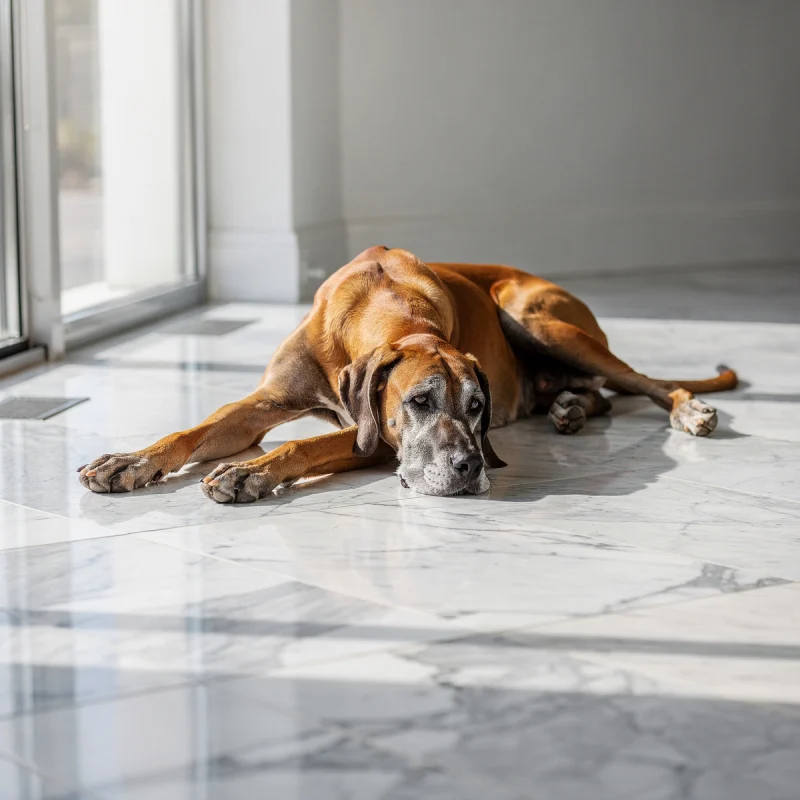 A Great Dane lying on marble floor tiles near a window