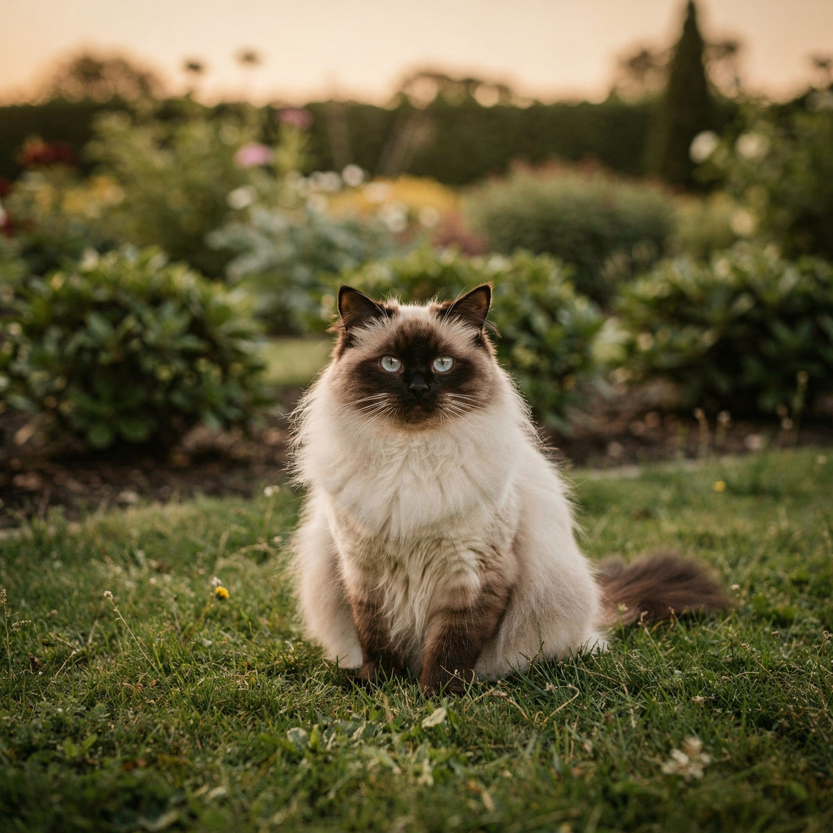 A Himalayan cat sitting in a small garden in evening light