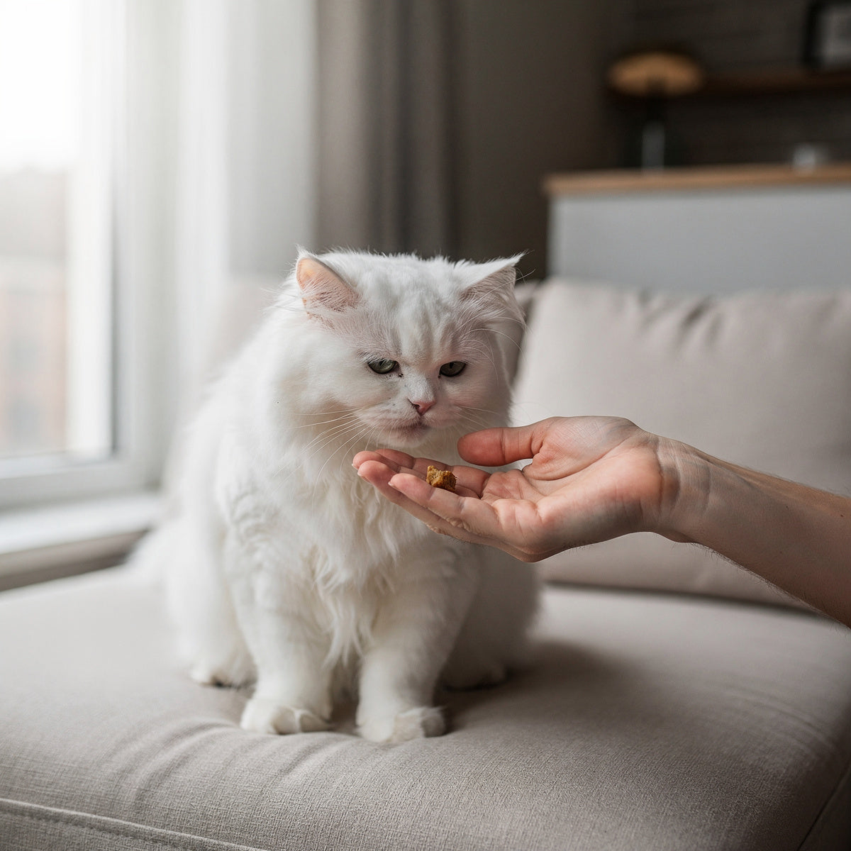 A white Persian cat taking a treat from a person's hand