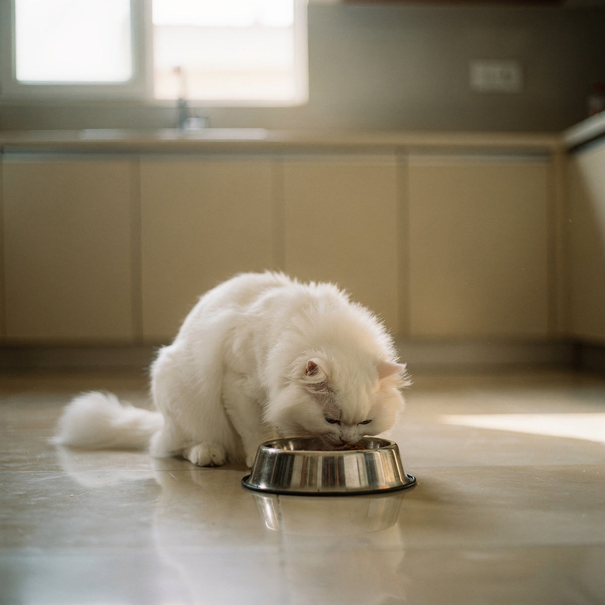 A white Persian cat eating from a steel bowl in a kitchen