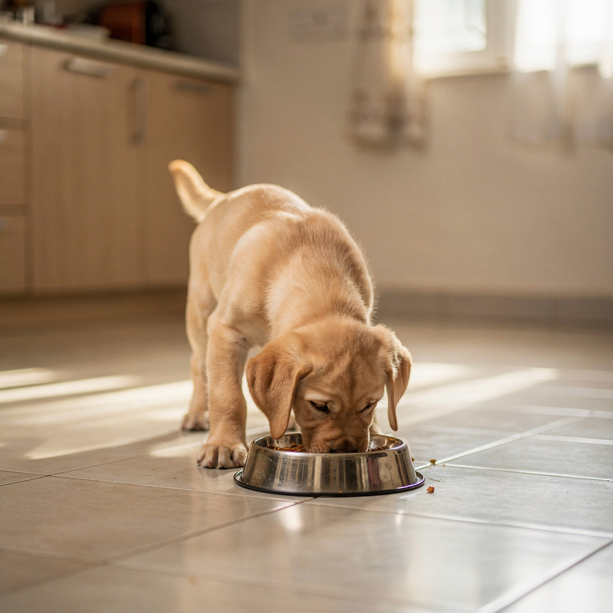A Labrador puppy eating from a steel bowl in a kitchen