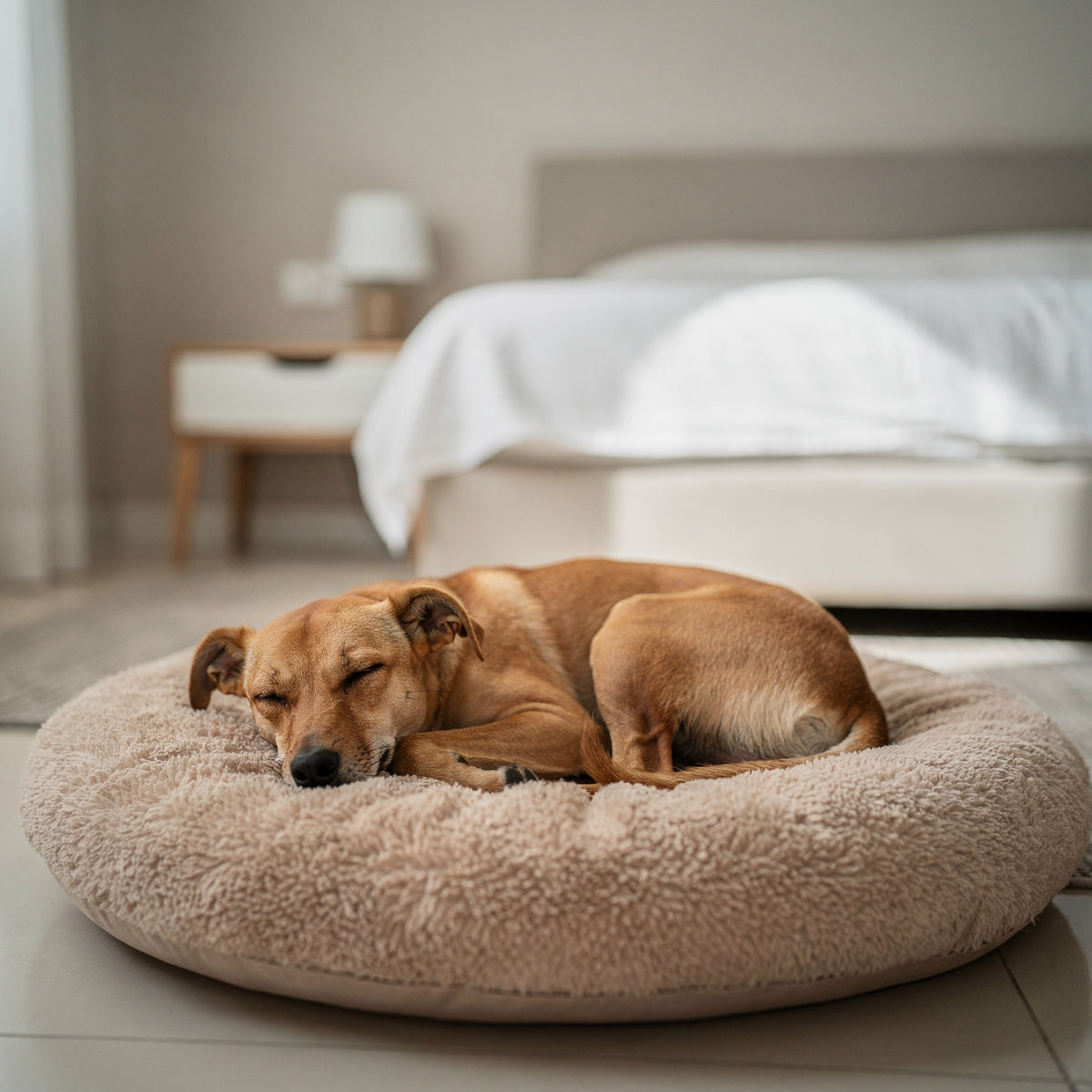 An Indie dog (Indian pariah dog) with a tan coat asleep on a soft pet bed
