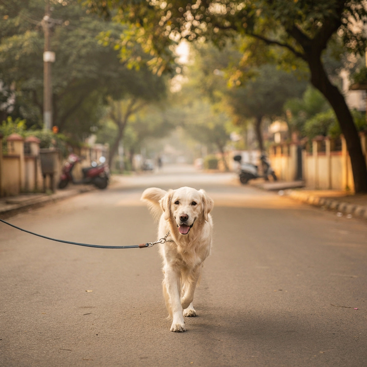 A cream Golden Retriever on a leash on a morning walk down a tree-lined street