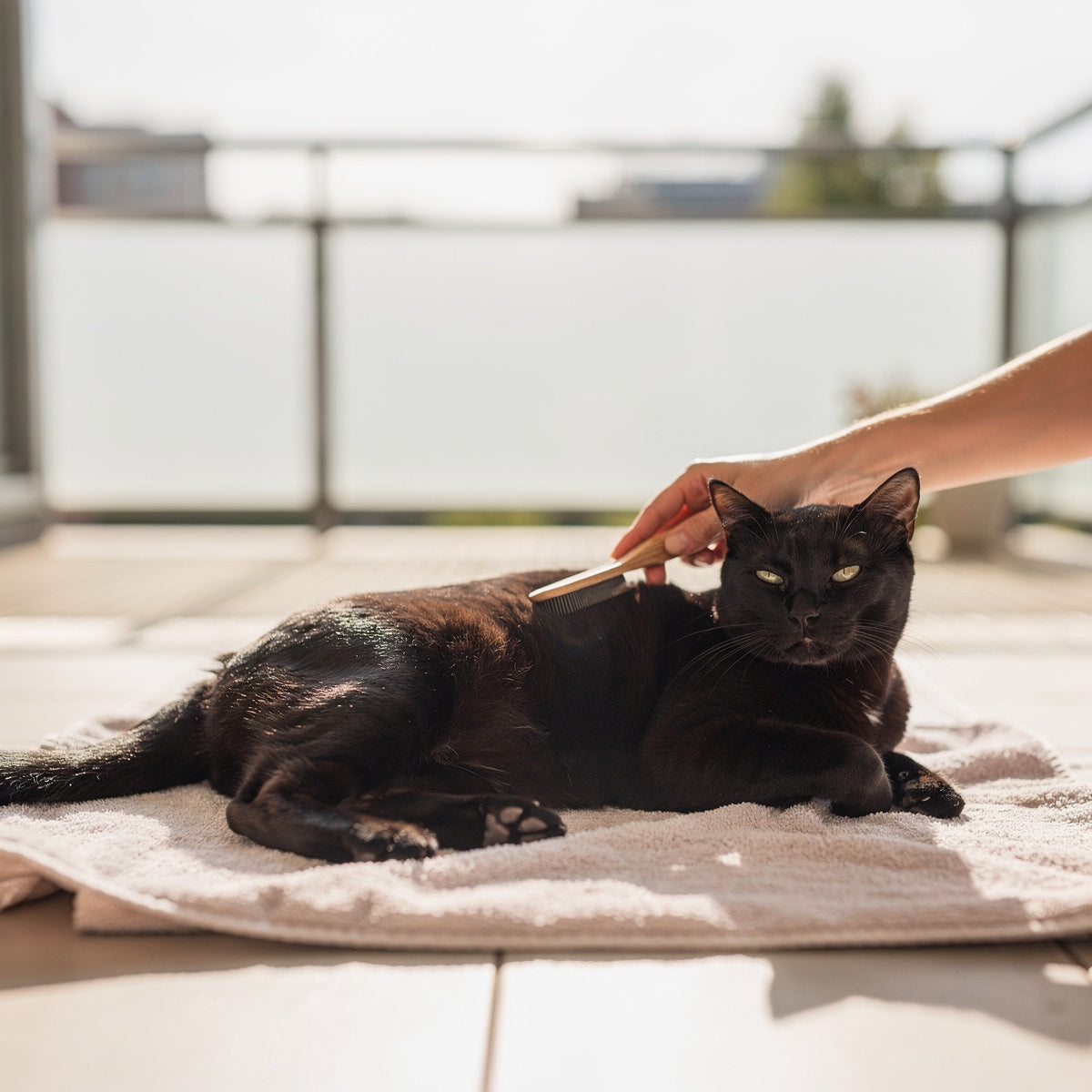 A black domestic short-haired cat being brushed on a towel on a balcony