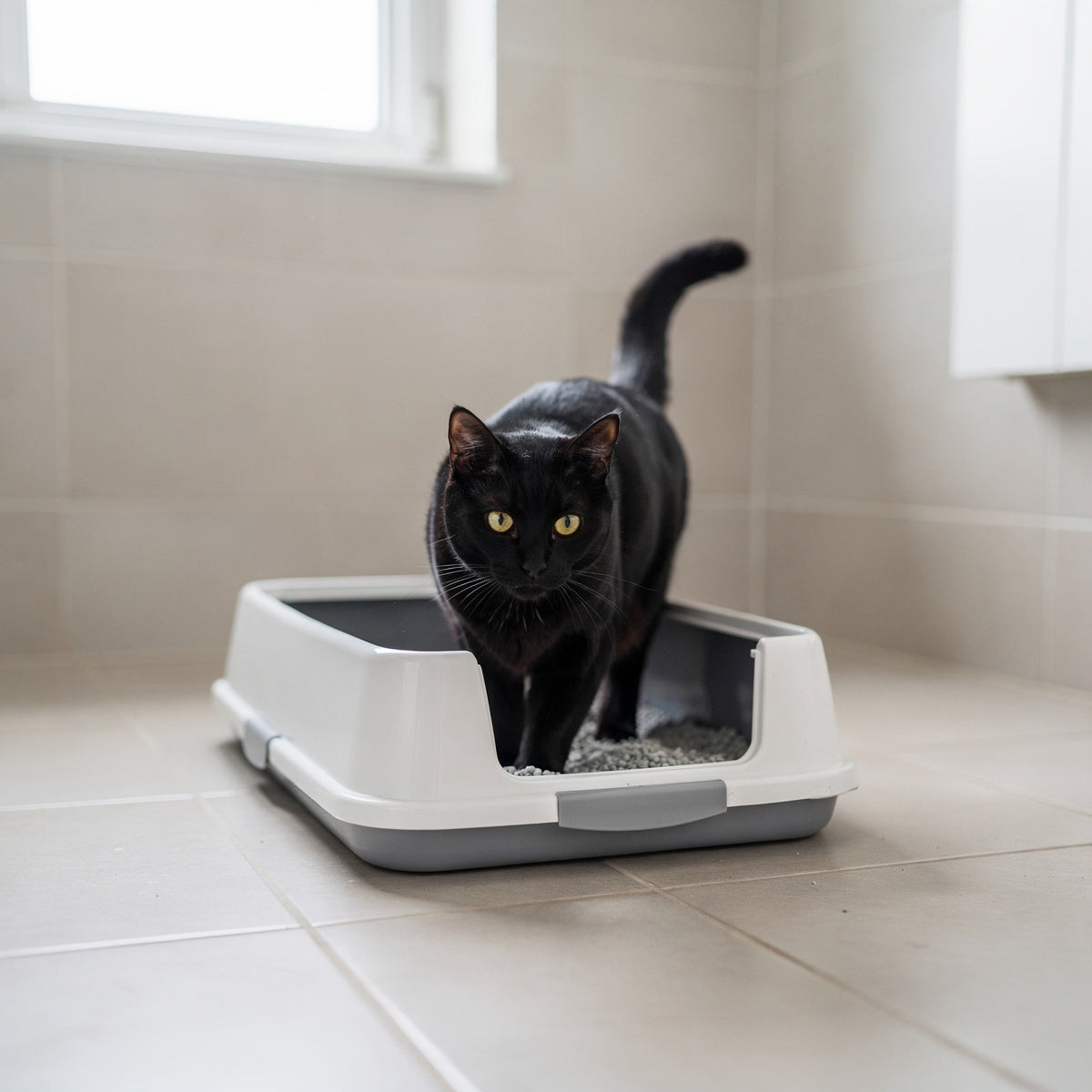 A black domestic short-haired cat next to a clean litter tray in a bright bathroom