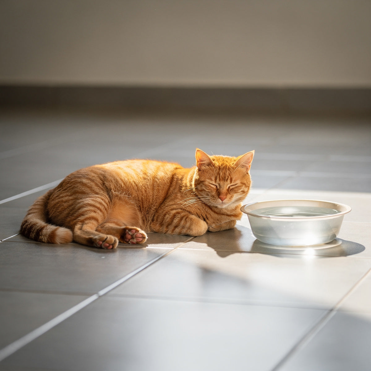 An orange tabby cat resting in the shade beside a water bowl
