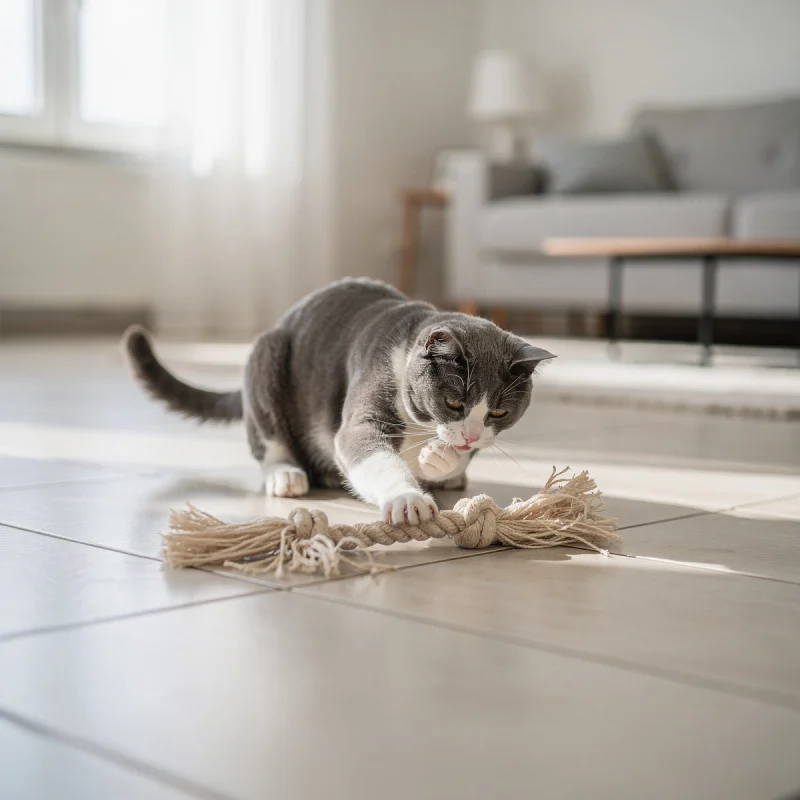 A grey and white domestic cat playing with a rope toy indoors