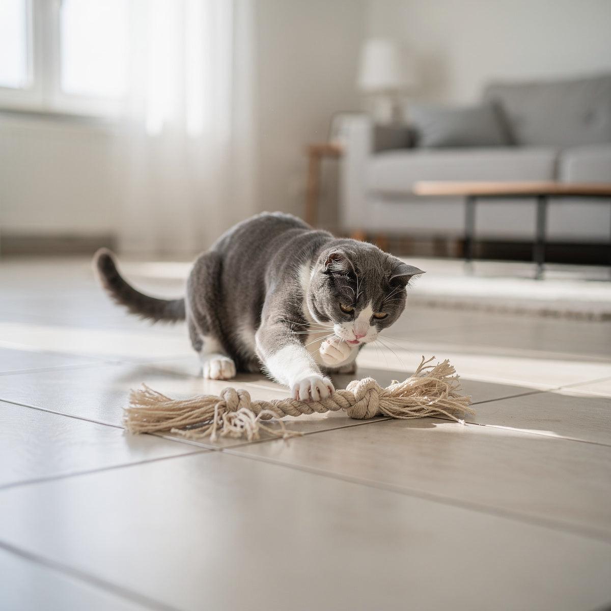 A grey and white domestic cat playing with a rope toy indoors