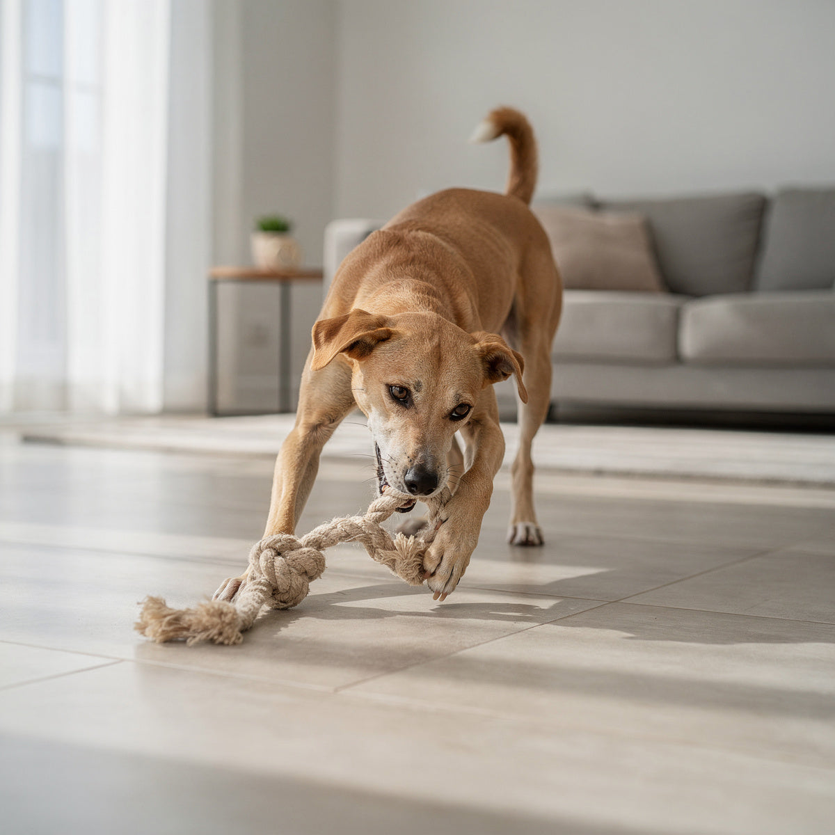 An Indie dog (Indian pariah dog) with a tan coat playing with a rope toy indoors