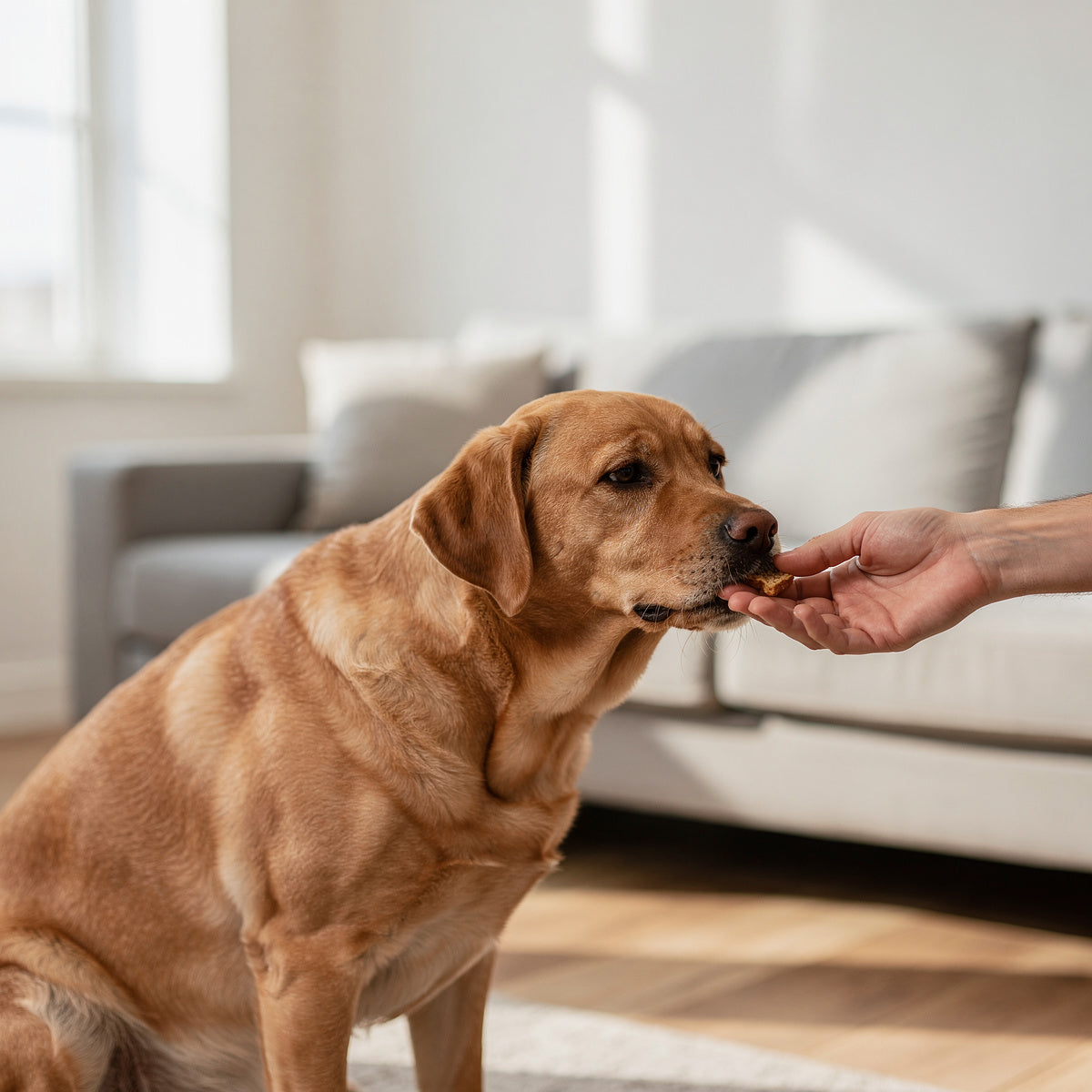 A golden-brown Labrador Retriever taking a treat from a person's hand