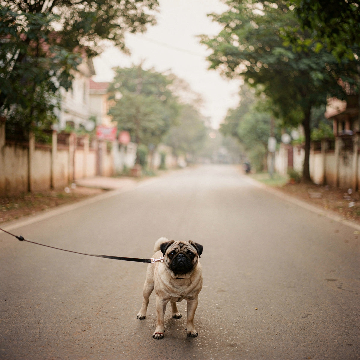 A fawn Pug on a leash on a morning walk down a tree-lined street